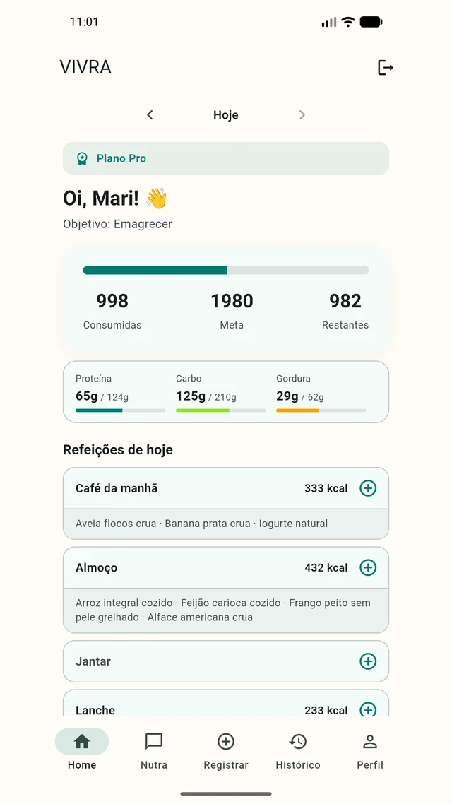 Tela inicial do VIVRA: 998 calorias consumidas de uma meta de 1980, barras de proteína, carbo e gordura, e as refeições do dia listadas